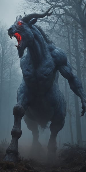 create a hyper realistic image of colossal centaur destroying village. huge strong body covered with fur, scaled body , red eyes,  thick skin, red and blue aura , death, scary, background of forest, high_resolution, highly detailed, sharp focus.8k,More Detail,silent hill style,monster