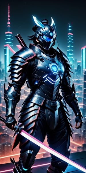 Generate hyper realistic image of a futuristic samurai adorned in sleek cybernetic armor, wielding a plasma katana with neon-illuminated edges, standing against a backdrop of technologically advanced cityscape, seamlessly blending traditional warrior aesthetics with cutting-edge technology.photography style,Extremely Realistic, ,3dmdt1,rmspdvrs