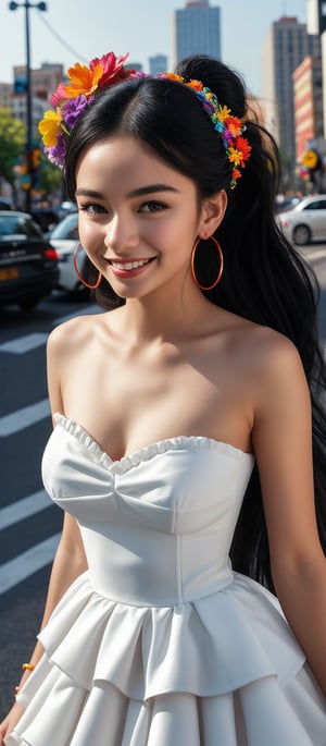 Generate hyper realistic image of a woman with long, black hair styled in voluminous waves. She has a colorful floral headband. Her hair is tied into two high ponytails. She is wearing a strapless white dress with a tiered skirt that gives a flowing and layered effect. The dress has black accents along the neckline and straps, adding a contrast to the bright white fabric. She is adorned with large, colorful hoop earrings and several rings on her fingers. Her expression is innocent, with wide eyes. Her gentle smile adds to her beauty. The background features a bustling city scene with cars and buildings.