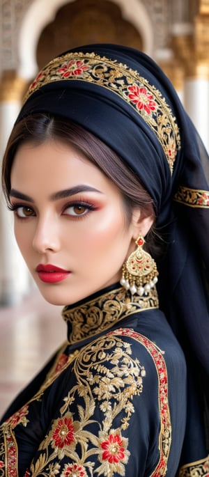 Generate hyper realistic image of a highly detailed portrayal of a regal and elegant woman dressed in traditional, ornate attire, blending elements of cultural and fantasy aesthetics. The woman is dressed in a luxurious black gown intricately adorned with golden embroidery and red accents. The gown has rich patterns running across the sleeves and hem, featuring geometric shapes and floral motifs. She wears a beautifully designed red and black headscarf draped over her head, with red floral patterns and golden embroidery that mirror the designs on her dress. The scarf flows gracefully over her shoulders. Her face is strikingly beautiful, with delicate features. She has flawless, glowing skin, slightly blushed cheeks, and full lips painted in a soft pink color. Her almond-shaped eyes are accentuated with subtle makeup. Long, flowing dark brown hair peeks out from beneath her headscarf. The backdrop is an ancient grand palace.