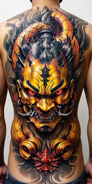 Generate hyper realistic image of a  a man with back to the viewer. He has full back tattoo on his wide back. Tattoo is a menacing traditional Japanese Hannya masks  with demon details, combined with the presence of a coiled serpent.The mask has a fierce and ominous expression, characterized by deep-set, hollow eyes, a prominent nose, and a wide-open mouth revealing sharp fangs. The mask's surface is detailed with flowing lines and shading that give it a three-dimensional, sculpted appearance. The presence of horns on the mask enhances its demonic and intimidating look.A snake is intertwined with the mask, wrapping around it in a sinuous, fluid motion. The snake's scales are meticulously detailed, creating a realistic texture. The serpent’s head emerges from the top of the mask, with its mouth open, displaying its fangs and forked tongue.,tattoo,FuturEvoLabTattoo,GlowingTat,tag score,oni style