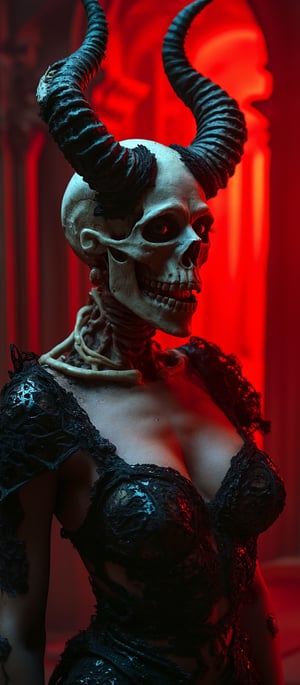 Generate hyper realistic image of a female with dark, curvy and sinister figure, blending elements of horror and gothic fantasy. The woman's head is largely skeletal, with a detailed and prominent skull serving as a mask. On top of the skull, there are massive, twisted horns. These horns are black and jagged, curving upward. The woman's body is partly exposed, but draped in intricate black lace and armor-like adornments. Bone-like details are incorporated into the armor around the chest, further emphasizing death and decay. The image is bathed in dark red light, giving it a hellish atmosphere. The red glow emanates from behind and around the character, creating dramatic shadows and highlighting the figure’s skeletal features. The background is dimly lit and blurred  a gothic temple.