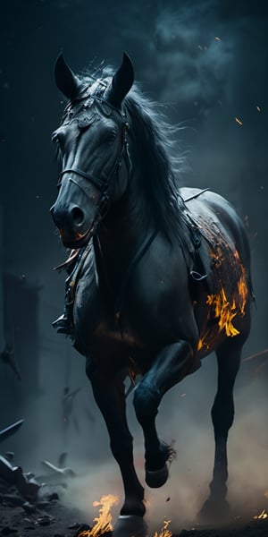 Create a Horse from hell running towards viewer, agressive, zombified,screeching, craving for human meat. cloudy night, sharp focus, highly detailed,