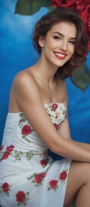 Generate hyper realistic image of a woman gazing at the viewer with a gentle, inviting smile. She is posed seductively in a white strapless dress that features a floral print of red roses. Her long, wavy brown hair flows over her shoulders, and her white nail polish adds a touch of refinement. The background is a vibrant blue, which creates a stunning contrast with her dress. The medium-angle shot emphasizes her natural grace and the delicate beauty of her outfit.