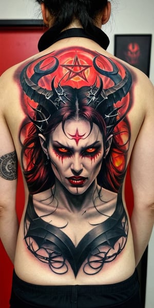 Generate hyper realistic tattoo on a man's back with a demonic woman with distinct features. She has two large, curved horns protruding from her head, which are textured and detailed. Her expression is one of defiance and aggression. She has red glowing eyes closed, her mouth open, and her tongue sticking out, revealing sharp, fang-like teeth. There is a symbol of pentagram on her forehead, adding to the demonic appearance. Surrounding her head is a circular, barbed wire-like crown of thorns. This crown adds a gothic undertone. 