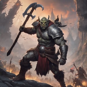 create a Orc chief  swinging his huge axe at dark elf.he is huge and muscular.he looking towards enemy. background  of battlefield ,cyborg style,Kratos 
