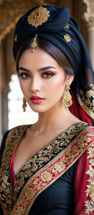 Generate hyper realistic image of a highly detailed portrayal of a regal and elegant woman dressed in traditional, ornate attire, blending elements of cultural and fantasy aesthetics. The woman is dressed in a luxurious black gown intricately adorned with golden embroidery and red accents. The gown has rich patterns running across the sleeves and hem, featuring geometric shapes and floral motifs. She wears a beautifully designed red and black headscarf draped over her head, with red floral patterns and golden embroidery that mirror the designs on her dress. The scarf flows gracefully over her shoulders. Her face is strikingly beautiful, with delicate features. She has flawless, glowing skin, slightly blushed cheeks, and full lips painted in a soft pink color. Her almond-shaped eyes are accentuated with subtle makeup. Long, flowing dark brown hair peeks out from beneath her headscarf. The backdrop is an ancient grand palace.