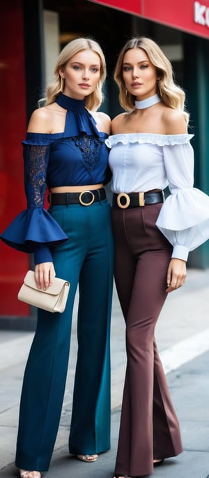 Generate hyper realistic image of two stylish women dressed in fashionable outfits, walking arm in arm in a modern, urban setting. the woman on the left has long, wavy, light blonde hair that falls over her shoulders, fair complexion with large, expressive blue eyes. She is wearing off-the-shoulder, white blouse with puffy sleeves and a high, frilled collar. The blouse has delicate, lace-like details and is tucked into her pants and high-waisted, wide-legged blue trousers with a matching belt that cinches her waist, creating a flattering silhouette. the woman on the left has long, straight, dark brown hair and fair complexion with expressive green eyes. She is wearing Off-the-shoulder, dark blue top with intricate cutouts and a high, frilled collar and High-waisted, wide-legged dark blue trousers with a white belt.