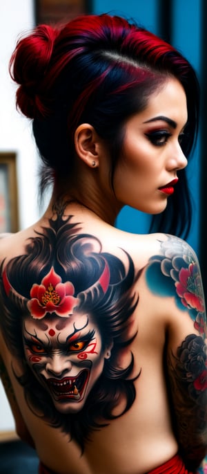 Generate hyper realistic image of a woman with an intricate and vibrant full-back tattoo. The woman is shown from behind, seated and leaning slightly to one side, allowing a clear view of her entire back. Her hair is straight and dark, falling around her shoulders. The tattoo covers her entire back. The central feature of the tattoo is a large Hannya mask. The mask has a fierce, angry expression with sharp teeth, depicted in vivid red and contrasting dark shades. The tattoo features rich, deep colors with intricate shading. he woman's hair is straight and dark, and it frames the tattoo. 