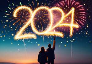 AiArtV, Happy New Year 2024, New Year 2024,  standing, male focus, outdoors, a young man and a young woman shooting off fireworks, sky, cloud,  bag, from behind, star (symbol), star (sky), new year ,2024, template, background