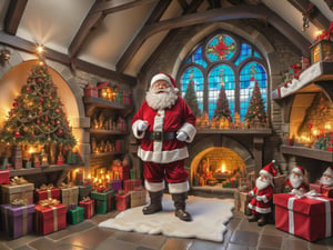 a Santa's Medieval period workshop, vaulted stone roof, stained glass panels, christmas trees, shelves of toys and present boxes, some faintly glowing, a workable with complex distilling mechanism, christmas theme decoration, ((Santa Claus poses in the middle of room proudly watching the scene)), odd stones, parchments, magic, fantasy, ((perfect high detailed image)),more detail XL