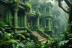 (Masterpiece),best quality,8k,hd,fantasy, a ghoslty pale green jungle,the dense fog,mysterious,jungle,lush and green,omnious,foreboding,Architectural100