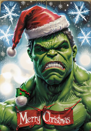 The Hulk wearing a santa hat, a sign that has text: "Merry Christmas"