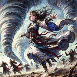 (masterpiece, top quality, best quality, official art, beautiful and aesthetic:1.2), ((beautiful:0.55) cute girl:0.9), ((yellow hair:1.2), green eyes:1.1), Wind Archmage, wind aura, wind magic in hand, windy hand, wind, extreme detailed, (white light particle:1.1), (arcane style:0.8), (using wind magic:1.3), wind magic, imaginative overlays, (fractal art:1.3), colorful, highest detailed, Floating around her are some tornado, , artistic fusion, fantastical scenes, evocative narratives, striking visuals, upper body, better_hands,