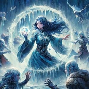 (masterpiece, top quality, best quality, official art, beautiful and aesthetic:1.2), LADY, shyface, Archmage, full body, extreme detailed, (ice magic:1.1), (fractal art:1.3),colorful,highest detailed, Floating around her are some ice shards, watercolor, 