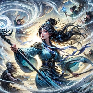 (masterpiece, top quality, best quality, official art, beautiful and aesthetic:1.2), cute cirl, Wind Archmage, wind aura, wind magic in hand, windy hand, wind, extreme detailed, (white light particle:1.1), (arcane style:0.8), (using wind magic:1.3), wind magic, imaginative overlays, (fractal art:1.3), colorful, highest detailed, Floating around her are some tornado, , artistic fusion, fantastical scenes, evocative narratives, striking visuals, upper body, better_hands,