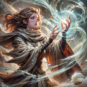 (masterpiece, top quality, best quality, official art, beautiful and aesthetic:1.2), cute cirl, Wind Archmage, wind aura, wind magic in hand, windy hand, wind, extreme detailed, (white light particle:1.1), (arcane style:0.8), (using wind magic:1.3), wind magic, imaginative overlays, (fractal art:1.3), colorful, highest detailed, Floating around her are some tornado, , artistic fusion, fantastical scenes, evocative narratives, striking visuals, upper body, better_hands,