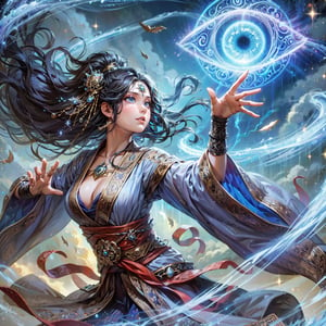 (masterpiece, top quality, best quality, official art, beautiful and aesthetic:1.2), cute cirl, Wind Archmage, wind aura, wind magic in hand, windy hand, wind, extreme detailed, (white light particle:1.1), (arcane style:0.8), (using wind magic:1.3), wind magic, imaginative overlays, (fractal art:1.3), colorful, highest detailed, Floating around her are some tornado, , artistic fusion, fantastical scenes, evocative narratives, striking visuals, upper body, better_hands,