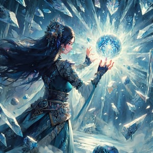 (masterpiece, top quality, best quality, official art, beautiful and aesthetic:1.2), LADY, shyface, Archmage, full body, extreme detailed, (ice magic:1.1), (fractal art:1.3),colorful,highest detailed, Floating around her are some ice shards, watercolor, 