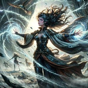 (masterpiece, top quality, best quality, official art, beautiful and aesthetic:1.2), cute cirl, Wind Archmage, wind aura, wind magic in hand, windy hand, wind, extreme detailed, (white light particle:1.1), (arcane style:0.8), (using wind magic:1.3), wind magic, imaginative overlays, (fractal art:1.3), colorful, highest detailed, Floating around her are some tornado, , artistic fusion, fantastical scenes, evocative narratives, striking visuals, upper body, better_hands,