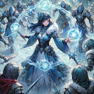 (masterpiece, top quality, best quality, official art, beautiful and aesthetic:1.2), LADY, shyface, Archmage, full body, extreme detailed, (ice magic:1.1), (fractal art:1.3),colorful,highest detailed, Floating around her are some ice shards, watercolor, 