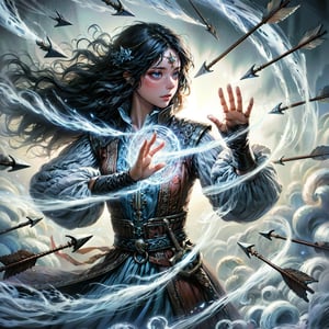 (masterpiece, top quality, best quality, official art, beautiful and aesthetic:1.2), cute cirl, Wind Archmage, wind aura, wind magic in hand, windy hand, wind, extreme detailed, (white light particle:1.1), (arcane style:0.8), (using wind magic:1.3), wind magic, imaginative overlays, (fractal art:1.3), colorful, highest detailed, Floating around her are some tornado, , artistic fusion, fantastical scenes, evocative narratives, striking visuals, upper body, better_hands,