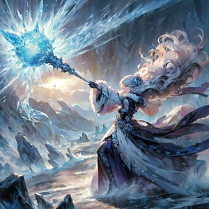 (masterpiece, top quality, best quality, official art, beautiful and aesthetic:1.2), LADY, shyface, Archmage, full body, extreme detailed, (ice magic:1.1), (fractal art:1.3),colorful,highest detailed, Floating around her are some ice shards, watercolor, 