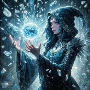 (masterpiece, top quality, best quality, official art, beautiful and aesthetic:1.2), LADY, shyface, Archmage, full body, extreme detailed, (ice magic:1.1), (fractal art:1.3),colorful,highest detailed, Floating around her are some ice shards, watercolor, 