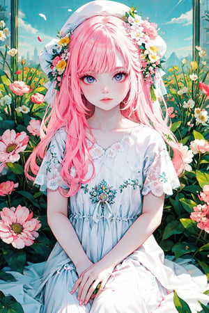 best quality, masterpiece, illustration, (reflection light), incredibly absurdres, 1girl, girl middle of flower, pure pink hair, black eyes, clear sky, outside, collarbone, loli, sitting, absurdly long hair, clear boundaries of the cloth, white dress, fantastic scenery, ground of flowers, thousand of flowers, colorful flowers, flowers around her, various flowers, better_hands,