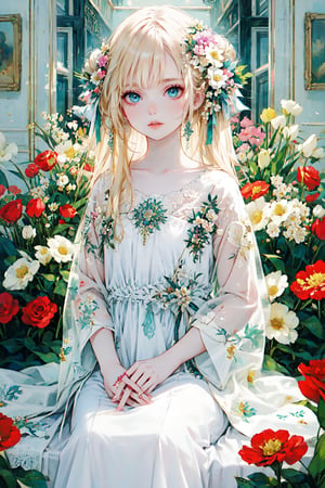best quality, masterpiece, illustration, (reflection light), incredibly absurdres, 1girl, girl middle of flower, pure blond hair, green eyes, clear sky, outside, collarbone, loli, sitting, absurdly long hair, clear boundaries of the cloth, white dress, fantastic scenery, ground of flowers, thousand of flowers, colorful flowers, flowers around her, various flowers, better_hands,