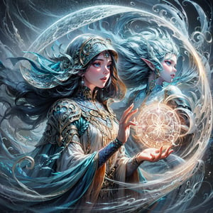 (masterpiece, top quality, best quality, official art, beautiful and aesthetic:1.2), cute cirl, Wind Archmage, wind aura, wind magic in hand, windy hand, wind, extreme detailed, (white light particle:1.1), (arcane style:0.8), (using wind magic:1.3), wind magic, imaginative overlays, (fractal art:1.3), colorful, highest detailed, Floating around her are some tornado, , artistic fusion, fantastical scenes, evocative narratives, striking visuals, upper body, better_hands,