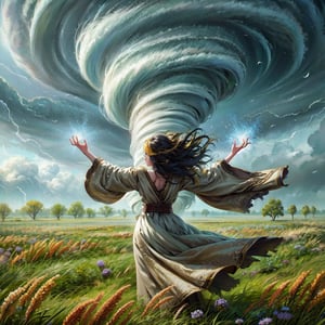 (masterpiece, top quality, best quality, official art, beautiful and aesthetic:1.2), ((beautiful:0.55) cute girl:0.9), ((yellow hair:1.2), green eyes:1.1), Wind Archmage, wind aura, wind magic in hand, windy hand, wind, extreme detailed, (white light particle:1.1), (arcane style:0.8), (using wind magic:1.3), wind magic, imaginative overlays, (fractal art:1.3), colorful, highest detailed, Floating around her are some tornado, , artistic fusion, fantastical scenes, evocative narratives, striking visuals, upper body, better_hands,