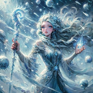 (masterpiece, top quality, best quality, official art, beautiful and aesthetic:1.2), LADY, shyface, Archmage, full body, extreme detailed, (ice magic:1.1), (fractal art:1.3),colorful,highest detailed, Floating around her are some ice shards, watercolor, 