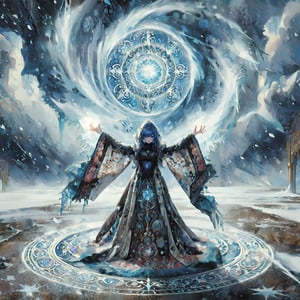 (masterpiece, top quality, best quality, official art, beautiful and aesthetic:1.2), LADY, shyface, Archmage, full body, extreme detailed, (ice magic:1.1), (fractal art:1.3),colorful,highest detailed, Floating around her are some ice shards, watercolor, 