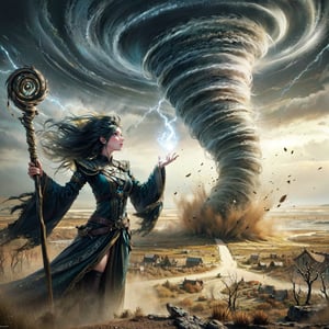 (masterpiece, top quality, best quality, official art, beautiful and aesthetic:1.2), ((beautiful:0.55) cute girl:0.9), ((yellow hair:1.2), green eyes:1.1), Wind Archmage, wind aura, wind magic in hand, windy hand, wind, extreme detailed, (white light particle:1.1), (arcane style:0.8), (using wind magic:1.3), wind magic, imaginative overlays, (fractal art:1.3), colorful, highest detailed, Floating around her are some tornado, , artistic fusion, fantastical scenes, evocative narratives, striking visuals, upper body, better_hands,