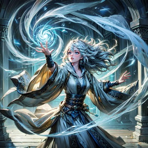 (masterpiece, top quality, best quality, official art, beautiful and aesthetic:1.2), cute cirl, Wind Archmage, wind aura, wind magic in hand, windy hand, wind, extreme detailed, (white light particle:1.1), (arcane style:0.8), (using wind magic:1.3), wind magic, imaginative overlays, (fractal art:1.3), colorful, highest detailed, Floating around her are some tornado, , artistic fusion, fantastical scenes, evocative narratives, striking visuals, upper body, better_hands,