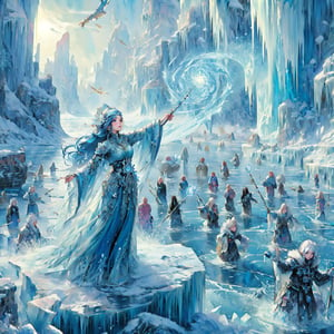 (masterpiece, top quality, best quality, official art, beautiful and aesthetic:1.2), LADY, shyface, Archmage, full body, extreme detailed, (ice magic:1.1), (fractal art:1.3),colorful,highest detailed, Floating around her are some ice shards, watercolor, 