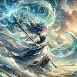 (masterpiece, top quality, best quality, official art, beautiful and aesthetic:1.2), cute cirl, Wind Archmage, wind aura, wind magic in hand, windy hand, wind, extreme detailed, (white light particle:1.1), (arcane style:0.8), (using wind magic:1.3), wind magic, imaginative overlays, (fractal art:1.3), colorful, highest detailed, Floating around her are some tornado, , artistic fusion, fantastical scenes, evocative narratives, striking visuals, upper body, better_hands,