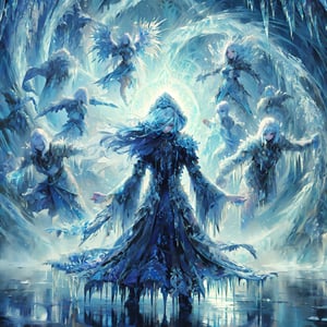 (masterpiece, top quality, best quality, official art, beautiful and aesthetic:1.2), LADY, shyface, Archmage, full body, extreme detailed, (ice magic:1.1), (fractal art:1.3),colorful,highest detailed, Floating around her are some ice shards, watercolor, 