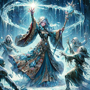 (masterpiece, top quality, best quality, official art, beautiful and aesthetic:1.2), LADY, shyface, Archmage, full body, extreme detailed, (ice magic:1.1), (fractal art:1.3),colorful,highest detailed, Floating around her are some ice shards, watercolor, 