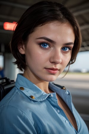 raw photo, ukranian, 20 year young, detailed face, detailed nose, dark_hair, natural_breasts, light_blue_eyes, airport, blue ww2 aircraft