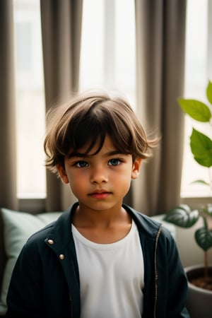 A young boy with flowing bangs framing his piercing blue eyes locks onto the viewer's gaze, his closed mouth and subtle head tilt conveying quiet confidence. His white shirt and jacket combo stands out against a softly blurred background featuring a window, curtains, and a small plant. The camera's focus is on his upper body, with a pillow nearby, as his intense grey eyes hold the viewer's attention.