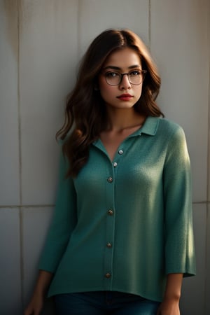 High-definition, full-body photograph of a beautiful girl featuring stylish eyeglasses, studio photography agains a wall. The image should depict a girl as a compelling character in a story yet to unfold.,,perfecteyes eyes,photo of perfecteyes eyes,