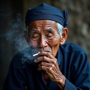 an elderly Asian man smoking a cigarette. The person has a deeply wrinkled face, reflecting the passage of time and the experiences they've endured. Their eyes are closed, possibly lost in thought or enjoying the moment. The person's skin is weathered, showcasing a rich texture that tells a story of a long life, likely spent outdoors. They are wearing a dark blue, possibly traditional, garment and a matching head covering. The background is softly blurred, drawing attention to the subject's face and the cigarette in their hand. Smoke gently drifts around them, adding a sense of calmness and introspection to the scene. The overall mood is reflective, capturing a moment of quiet solitude.
(((photorealistic:1.4))), 





