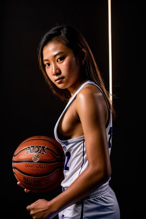 Indonesian female basketball player, 18 years old, professional photo shoot, simple background, downblouse, side lighting, dark background,nipslip