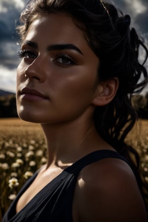 dutch angle, over the shoulder portrait of a Greek girl, sitting in a field of dark dreams, black hair, alluring, secretive, storm clouds, whimsical charm, ethereal glow, sharp focus on Green eyes, in the style of realism, emotional and dramatic scenes, Style of Kriengin, Brandon Wolfel, sharp focus, style of Jay Anacleto, Esao Andrews, photorealism, extremely detailed ultrasharp, masterpiece,best quality, ultradetailed, intricated details, extremally detailed background, ultra realistic, 32k,RAW photo, 8k uhd, dslr, bokeh, depth of field, soft lighting, high quality, film grain, beautiful and aesthetic, extremely detailed, natural shadows,, (2\3 rule composition:0.5),, volumetric lighting, eye contact with viewer, easynegative, negative_hand,photorealistic,Young,Beauty,Woman