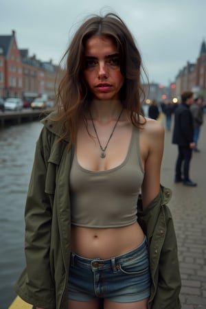 Behind Amsterdam Central Station, at the IJ waterrfront, the faint hum of city sounds muffled in the background, as a young woman stands with a worn expression, her short skirt hiked up to reveal a glimpse of pale skin. A dirty tanktop clings to her petite frame, a old  khaki army jacket slung over one shoulder, its earthy tone a stark contrast to the desperation etched on her face. Her eyes, once bright and full of life, now seem dulled by the harsh realities of addiction. She stands with a sense of resignation, her gaze pleading as she attempts to negotiate a sale, her voice barely above a whisper. Trying to sell her body to pay for her next fix. 