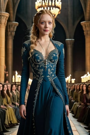 A runway stretches across the Great Hall of King's Landing, adorned with intricate tapestries and flickering candles. Models showcasing the latest Seven Kingdoms' couture walk amidst a sea of ornate thrones and regal finery. Daenerys' dragon-scaled armor-inspired gowns shine beneath the chandeliers, while Cersei's opulent dresses flutter like royal decrees. Jon Snow's rugged, medieval-inspired attire contrasts with the delicate lace and silk of Sansa Stark's flowing ensemble. The crowd, comprised of nobles and commoners alike, gazes in awe as the catwalk comes alive with the fusion of fashion and fantasy.