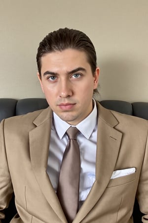 A young Italian businessman with striking blue eyes sits confidently in a plush lobby chair. He wears a tailored beige suit with large lapels that exude a sense of style, complemented by a sophisticated club tie. His brushed hair adds a touch of polish to his appearance, reflecting his meticulous attention to detail.