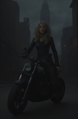 A moody shot of a blonde girl astride her Harley Davidson motorcycle, parked on a gritty New York City street at dusk. The cityscape behind her is shrouded in shadows, with the iconic skyscrapers reduced to dark silhouettes. The only pop of color comes from her bright blonde hair, styled in loose waves as she gazes out at the camera with a mix of rebellion and vulnerability. The black and white tones evoke a sense of edginess, perfect for a title like Wicked Game.,yhmotorbike,<lora:659111690174031528:1.0>